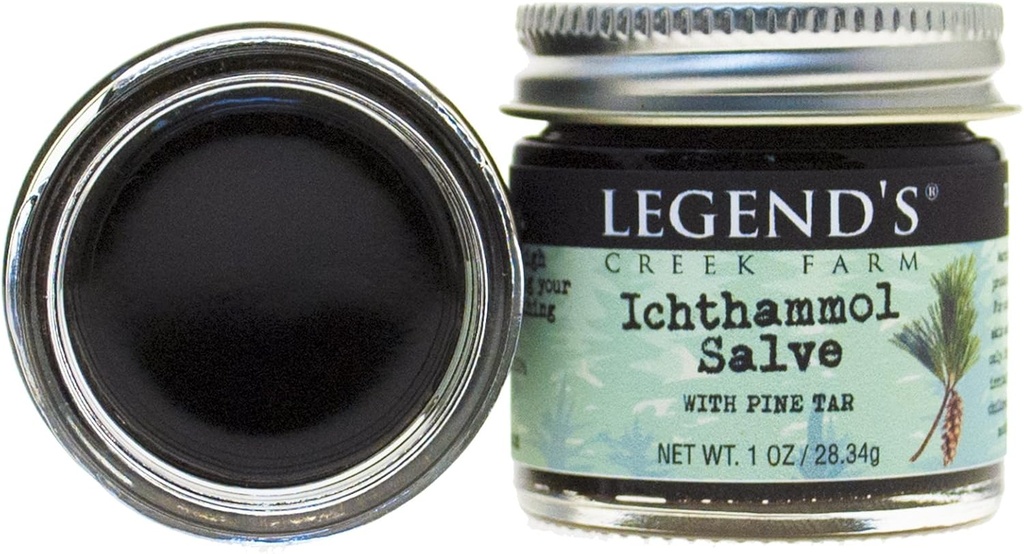 Salve Herbal Farm Creek de la leyenda - Ungüento de curación con 20% Ichthammol Salve de dibujo - Balm natural para Stings, &amp; Splinters - 1 oz - Handmade in USA (Ichthammol Pine Tar)