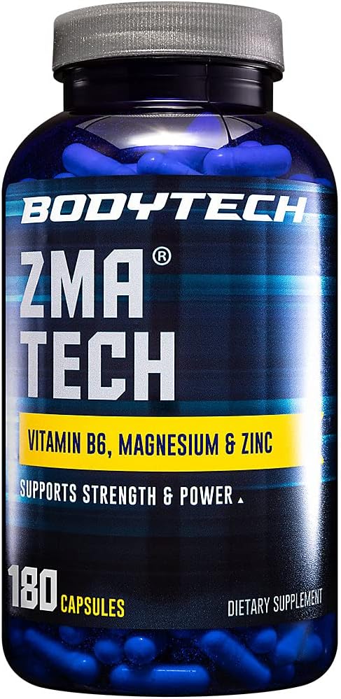 BODYTECH ZMA-Premium Zinc, Magnesio y Vitamina B6 Suplemento para apoyar la recuperación del músculo mejorada, la calidad del sueño mejorada y la salud óptima de inmunodeficiencia, Boosts Muscle Strength (180 cápsulas)