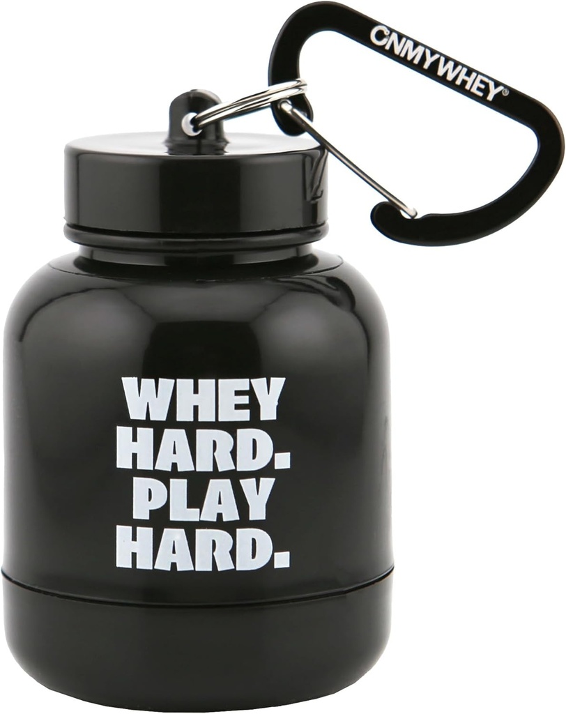 ONMYWHEY - Protein Powder &amp; Supplement Funnel Keychain, Portable To-Go Container for The Gym, Workouts, Fitness, &amp; Travel - TSA Aprobado, Whey Hard Play Hard Play