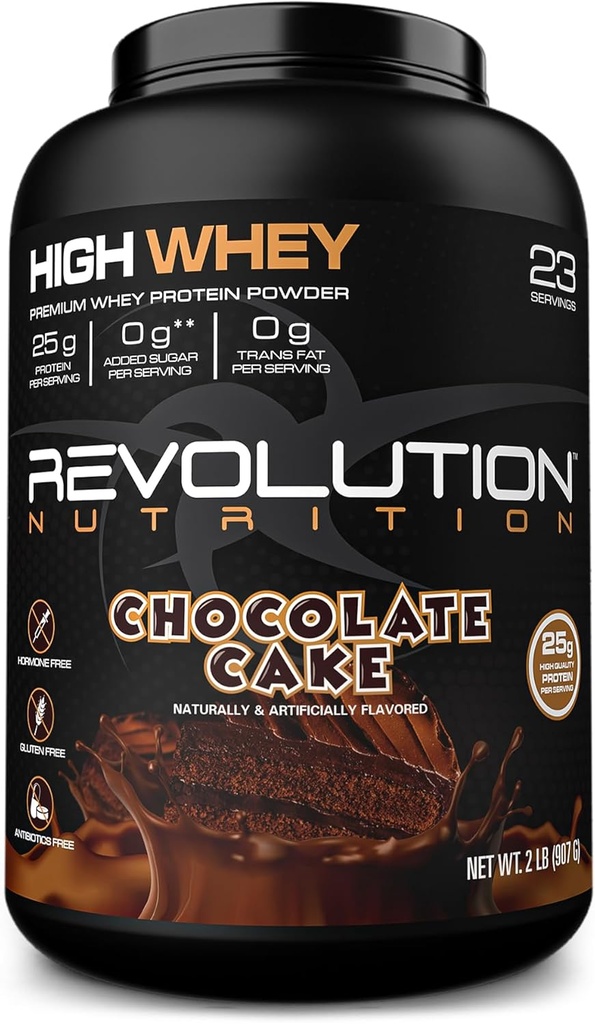 Revolution Nutrition, High Whey, Protein Powder 2LB, Whey Isolate, Gluten Free, Lean Muscle Mass for Men & Women, 25g of Protein Per Scoop, 908 g, 24 Servings (Chocolate Cake, 2 Pound)