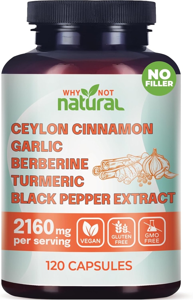 5-en-1 Cápsulas de canela de Ceilán Orgánico con Berberina, Ajo, Turmérica, Píldoras de Extracto de Pepper Negro