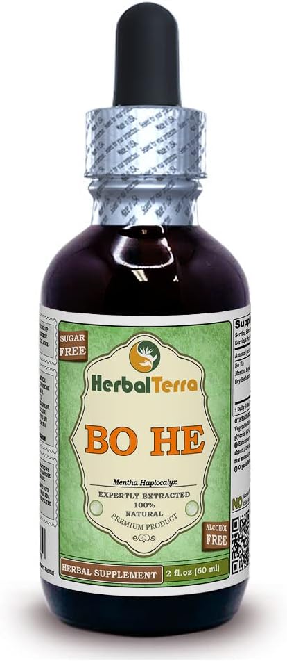 Bo He (Mentha halpocalyx) Glycerite, Dried Herb Extracto líquido libre de alcohol (Nombre de la marca: HerbalTerra, Proudly Made in USA) 2 fl.oz (60 ml)