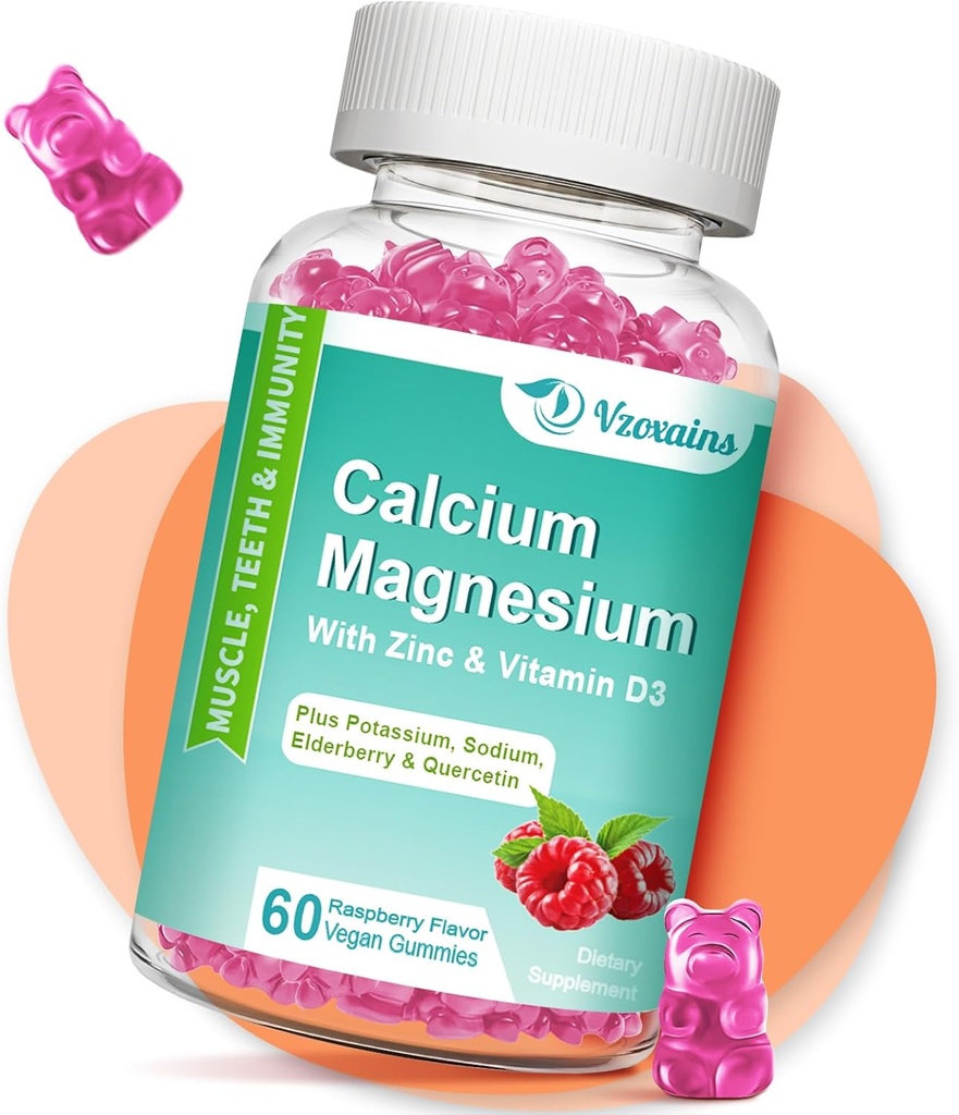 Alta Absorción Calcio Gummies, Calcio Magnesio Zinc con Magnesio Glycinate, Potasio, Vitamina D3 para Mujer &amp; Hombre Raspberry Flavored 60 Cts