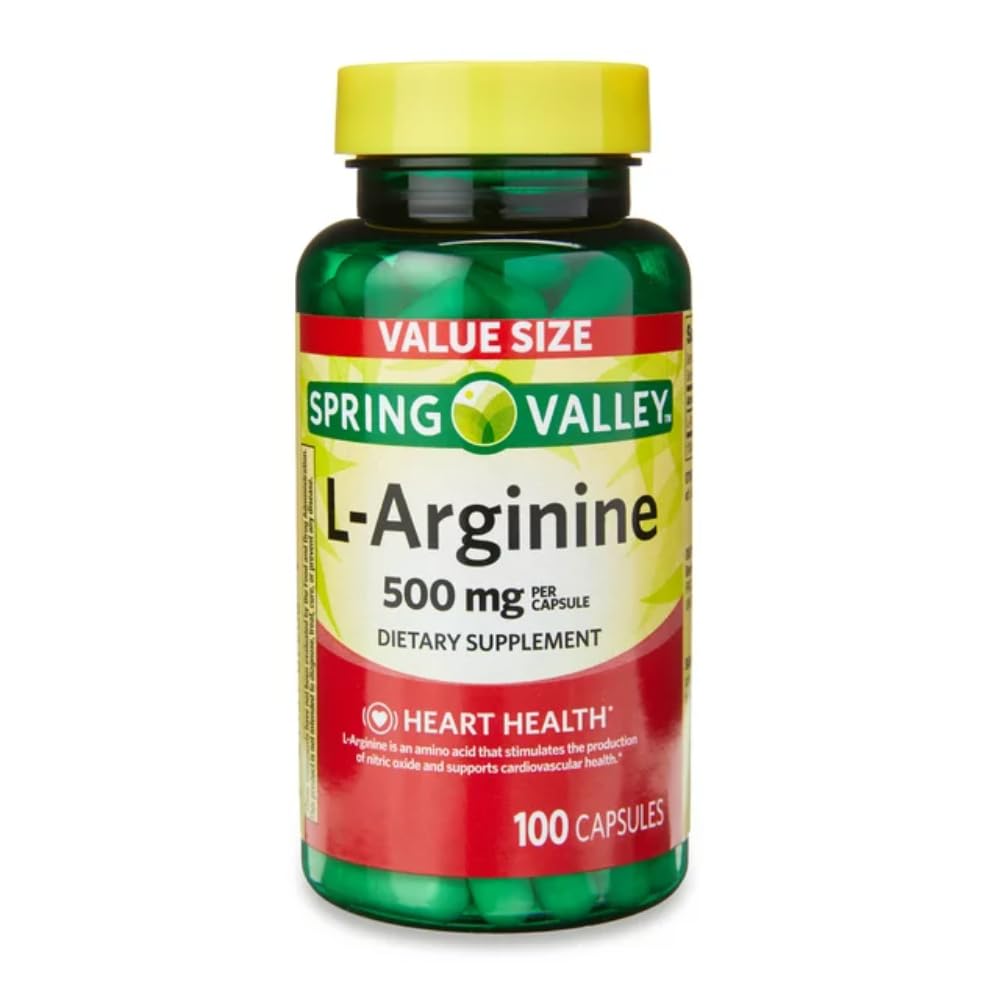 Genérico Spring Valley L'Arginine Amino Heart Health Supplement Capsules, 500mg, Value Size, 100 Cuenta + 1 Mini Pill Container (Style & Color Varies)