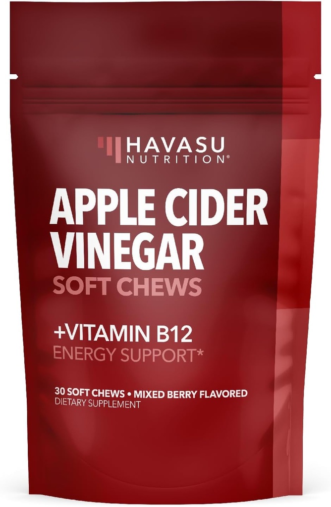 Manzana de vinagre de sidra con vitamina B12 y folato - Suplementos de ACV convenientes para la energía y la salud digestiva - 30 cuenta - individualmente malgastado - sabor de baya mixta, Vegan - 1 mes de suministro