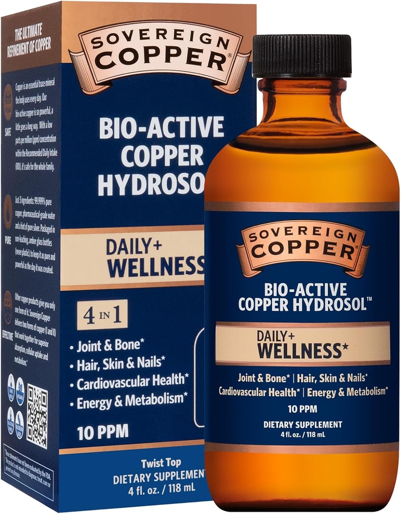 Soberano Bio-Active Copper Hydrosol - Bioavailable Cobre Suplemento líquido para adultos y niños con Hidrosol Plata para el cabello, la piel y las uñas - 4 fl oz (118 mL)