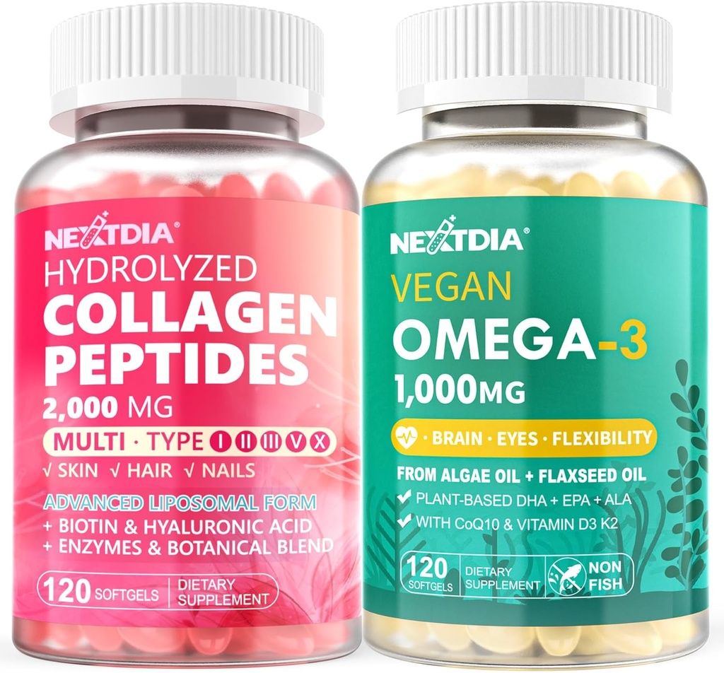Pilles de colágeno hidrolizado + Omega vegano 3 Suplemento con vitamina D3 K2