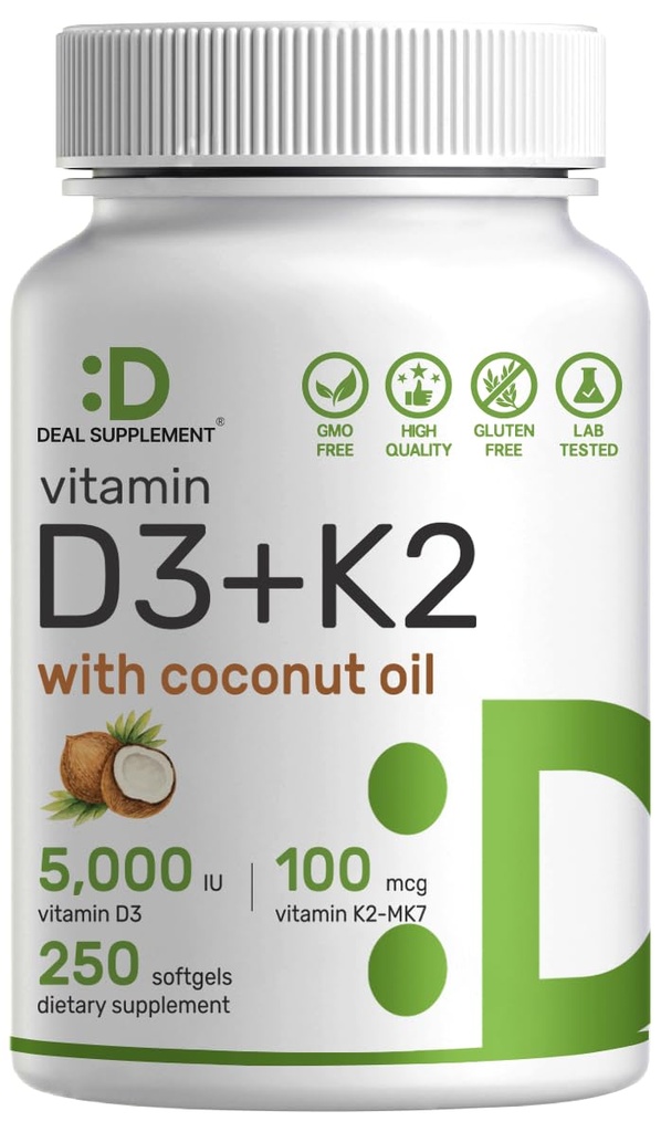 DEAL SUPPLEMENT Vitamin D3 5,000 IU + K2 MK7 100mcg Softgels | 2-in-1 Complex with Virgin Coconut Oil | Supports Heart, Bone, Teeth & Immune Health | Easy to Swallow