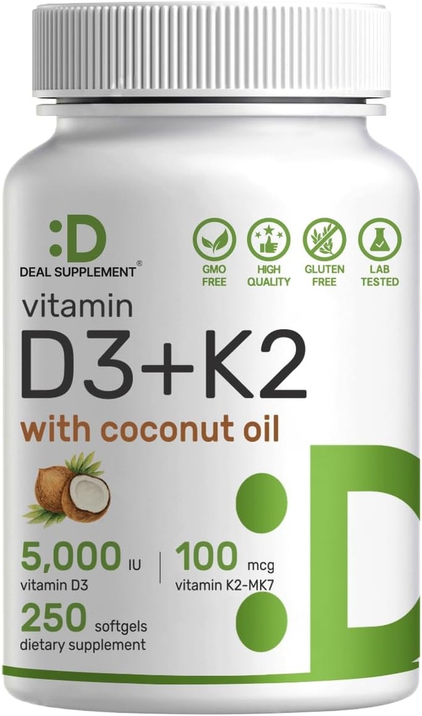 SUPPLEMENTO DEAL Vitamina D3 5,000 UI + K2 MK7 100mcg Softgels TENIDO Complejo 2-en-1 con aceite de coco virgen TENIDO Apoyo Corazón, Hueso, Tientes &amp; Salud Inmune TENIDO Fácil de Tragar