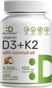 SUPPLEMENTO DEAL Vitamina D3 5,000 UI + K2 MK7 100mcg Softgels TENIDO Complejo 2-en-1 con aceite de coco virgen TENIDO Apoyo Corazón, Hueso, Tientes &amp; Salud Inmune TENIDO Fácil de Tragar