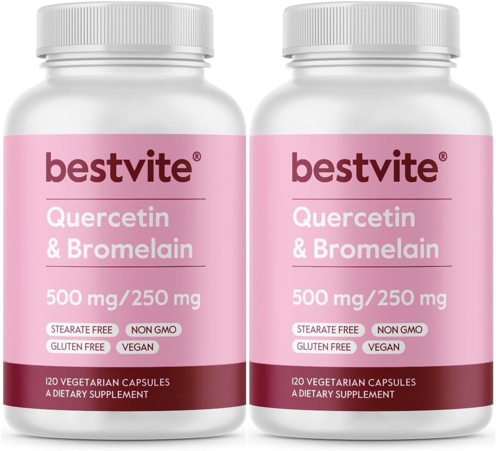 BestVITE Quercetina con Bromelain 500mg/250mg (240 cápsulas vegetarianas) (120 x 2) - Sin esteroides - Sin dióxido de silicona - Vegan - No GMO - Gluten Gratis