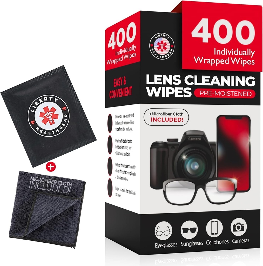400 Wipes de limpieza de anteojos + Cloth de microfibra para gafas de vista &amp; Lens Cleaner ← Pre-Moistened, Individualmente Wrapped, Less Alcohol Formula  durable Lens Wipes for Eyeglasses, Eye Glasses, Lenses &amp; Screen