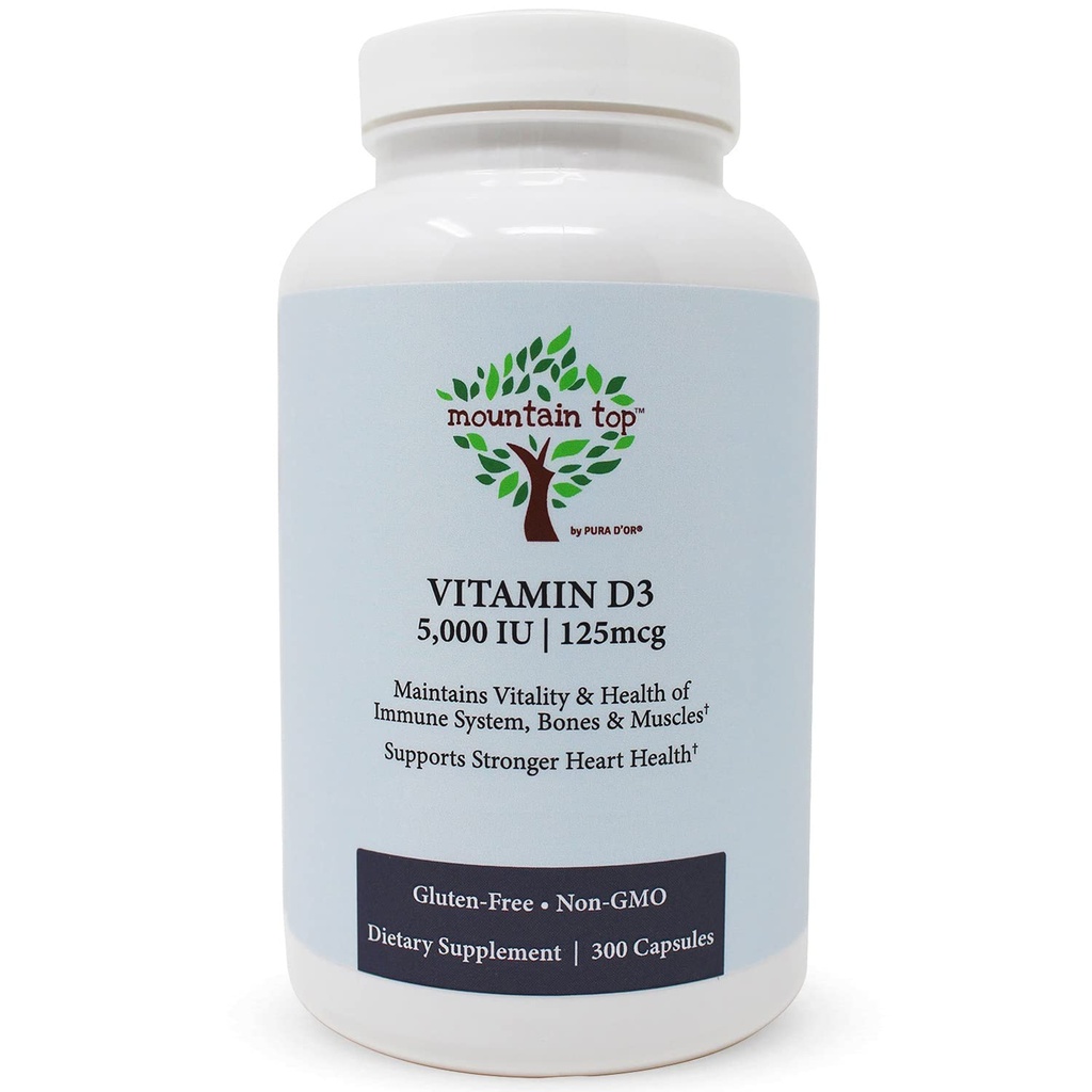 Vitamina D3 5000 UI 125mcg Capsules (300 Conde) ayuda a la salud inmune, huesos fuertes y dientes, " Función muscular - No GMO, libre de gluten
