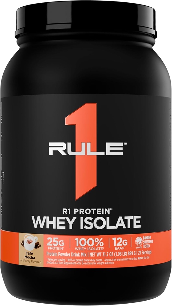 Regla 1 R1 Proteína Whey Isolate - con 25g Protein & 6g BCAA Exclusivamente de Fuentes hidrolizadas de recuperación de entrenamiento (2 libras*, Café Mocha)