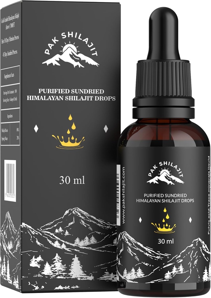 PakShilajit® Sun Dried Himalayan Shilajit gotas líquidas, más Premium &amp; Gold Graded Shilajit Drops Above 17000FT (30ML Pack), Rich in Fulvic Acid Humic Acid Natural Supplement