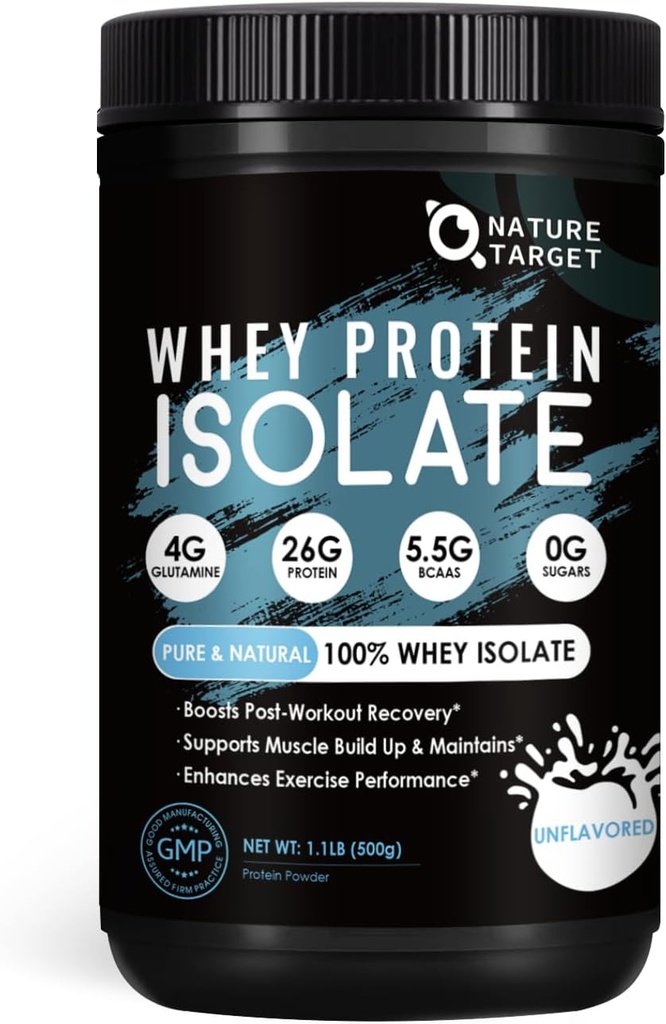 NATURE TARGET Whey Protein Powder, Unflavored Protein Powder, Whey Protein Isolate for Muscle Growth & Recovery, 26G Protein, Gluten Free &amp; No Sugars, 16 Servings, 1.10 Libra (500 G)