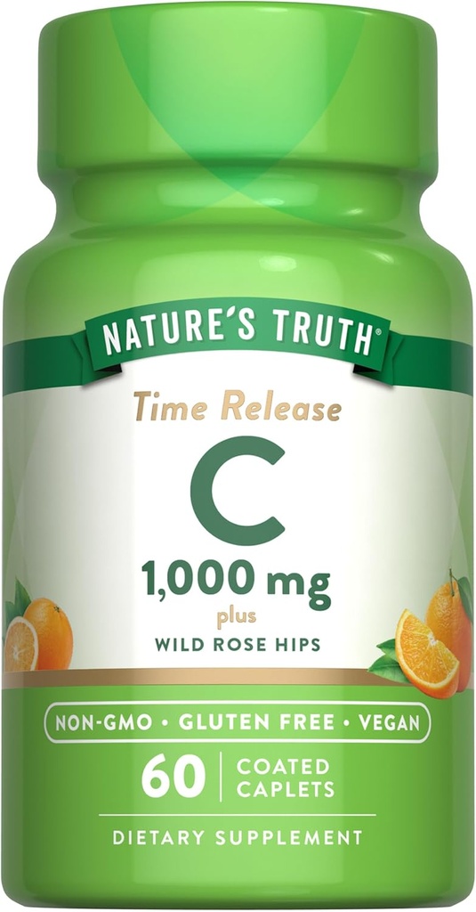 Verdad de la naturaleza Vitamina C con Rose Hips 1000mg ← 60 Coated Caplets  Vegan, Non-GMO &amp; Gluten Free Supplement