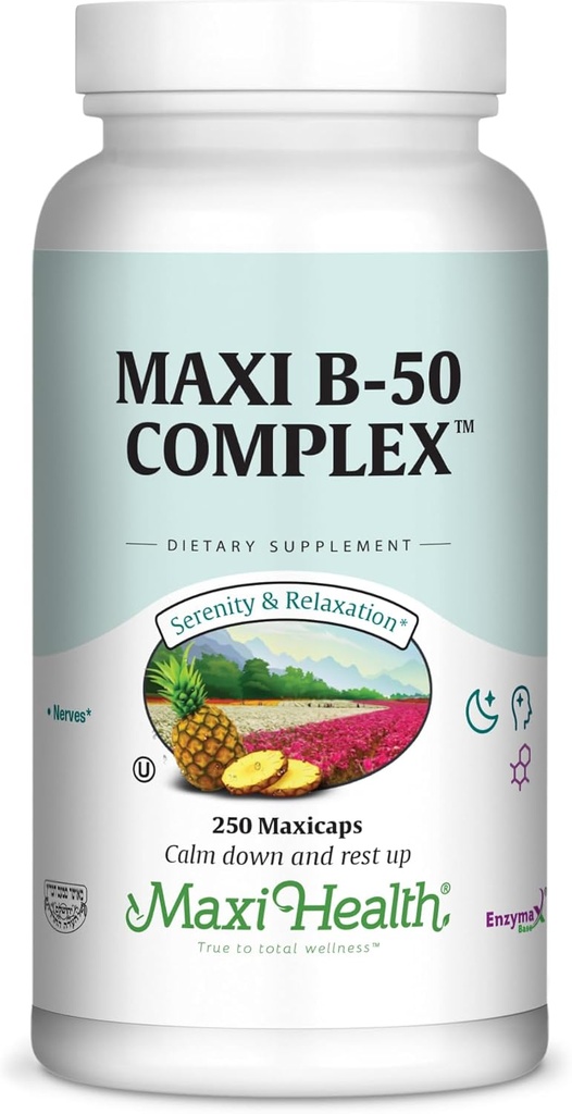 Maxi Health Stress Relief Vitamin B Complex for Women and Men, Vitamin B6, B12, Biotin, Inositol, Folate, Vegan, Gluten &amp; Soy &amp; Milk Free, Kosher, Unflavored, 100 Count