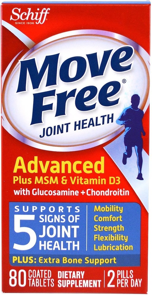 Move Free Glucosamine and Chondroitin Plus MSM & D3 Advanced Joint Health Supplement Tablets, (80 Cuenta en A Box), Supports Mobility, Comfort, Strength, Flexibility and Lubrication* (Pack of 3)