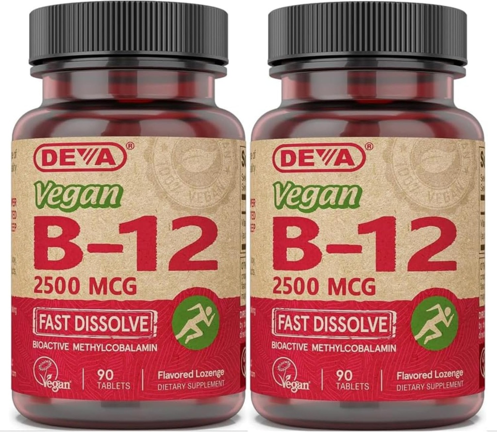 DEVA Vitaminas Veganas B-12, Alta potencia 2500 mcg B12, Dissolve rápido, sublingual, 90 Tabletas (Pack of 2)