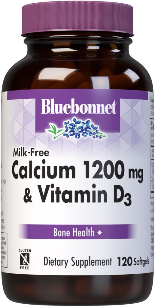 Calcio libre de leche de Bluebonnet 1,200 mg más vitamina D3 400 UI - alta potencia, absorción máxima fuerte huesos saludables &amp; suplemento de apoyo a la salud inmune, libre de gluten, libre de lácteos, 120 Softgels