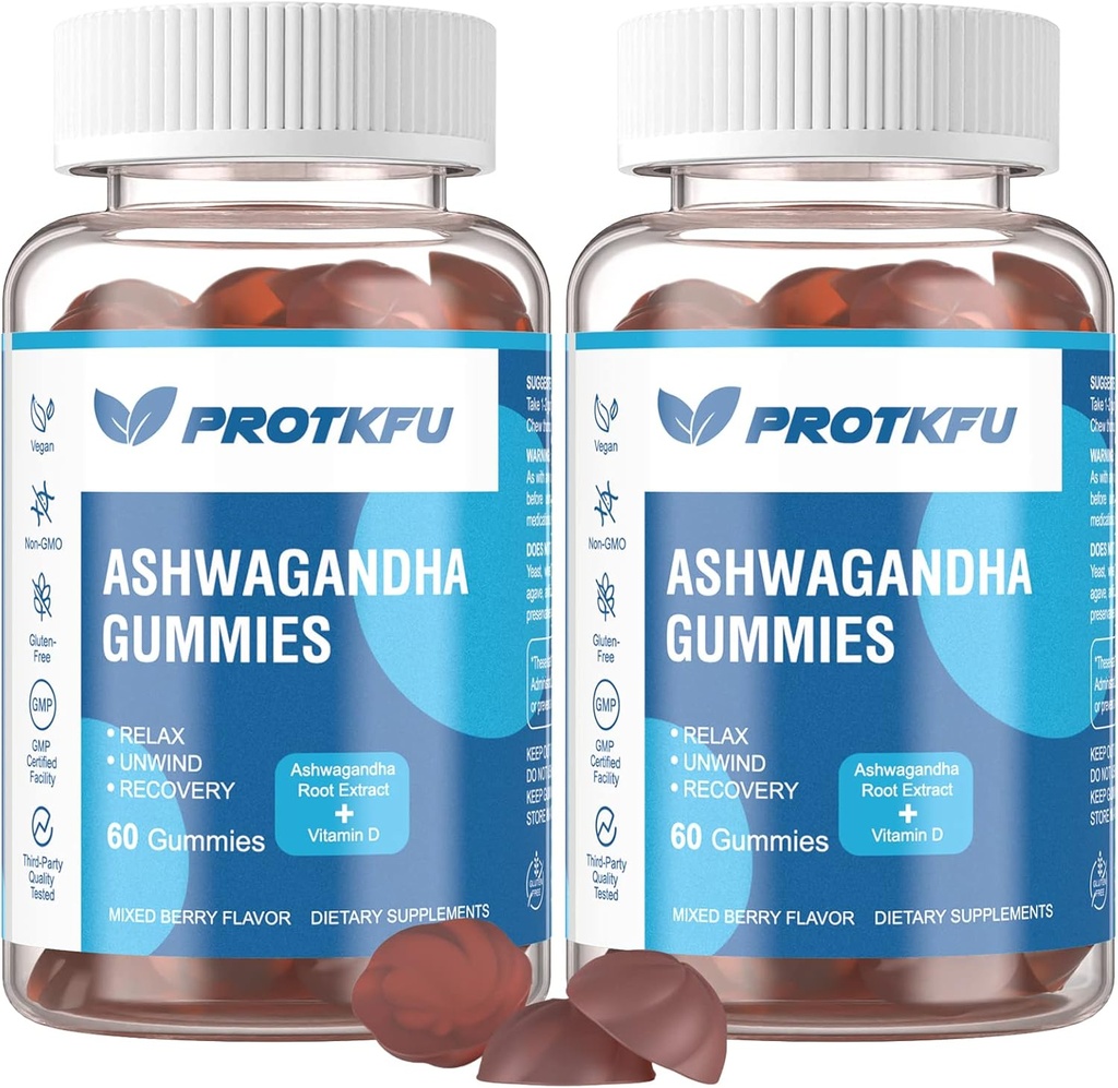 2 Pack Ashwagandha Gummies & Vitamina D3 Gummies Organic Aswangdha Supplement for Improve Sleep, Stress Relief & Mood Calm (No-GMO, Gluten-Free &amp; Sugar Free)