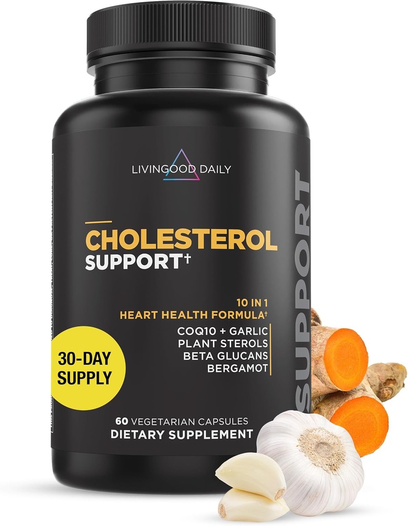 Livingood Daily Cholesterol Support Suplemento con Ajo, CoQ10, Vitamina E, Bérgamo, Estaroles de plantas para el apoyo a la salud corporal y cardíaca, soporta LDL y Triglicéridos, Gluten Free, Vegan, 60 cápsulas