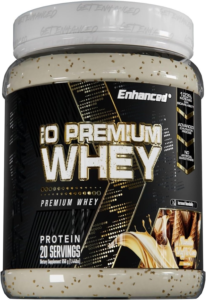 Mejorado IO Premium Whey Protein Powder, Alta Proteína Contenido, Mejor que Whey Hidrolysate (20 Servings, Vanilla Waffle Cone)