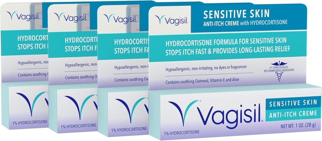 Vagisil Feminine Anti-Itch Cream for Women, Sensitive Skin Formula with Hydrocortisone, Helps relieve Yeast Infection Irritation, Gynecologist Tested, Soothes & Cools, 1oz (Pack of 4)