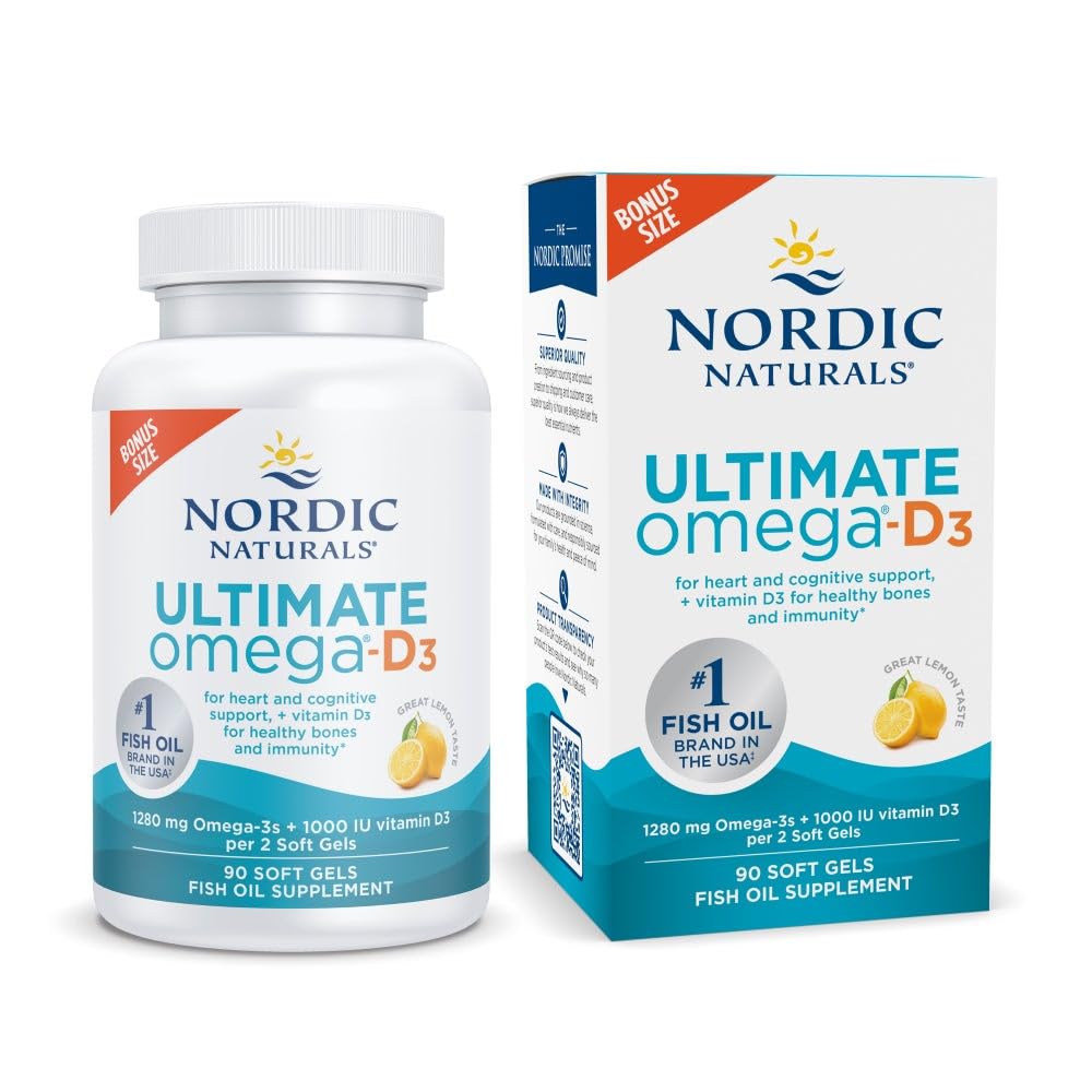 Nordic Naturals Ultimate Omega-D3, Lemon Flavor - 90 Soft Gels - 1280 mg Omega-3 + 1000 IU Vitamina D3 - EPA & DHA - Promueve Cerebro, Corazón, & Immune Health - 45 Servimientos