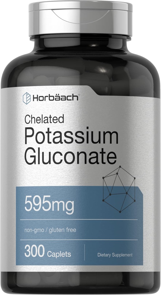 Horbäach Chelated Potassium Gluconate Supplement | 595 mg | 300 Caplets | Vegetarian, Non-GMO, Gluten Free