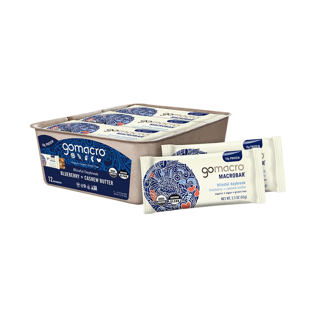 GoMacro Macrobar Bares de proteína ecológica vegano - Arándano + mantequilla de anacardo (2.3 Bares de onza (Pack of 12)