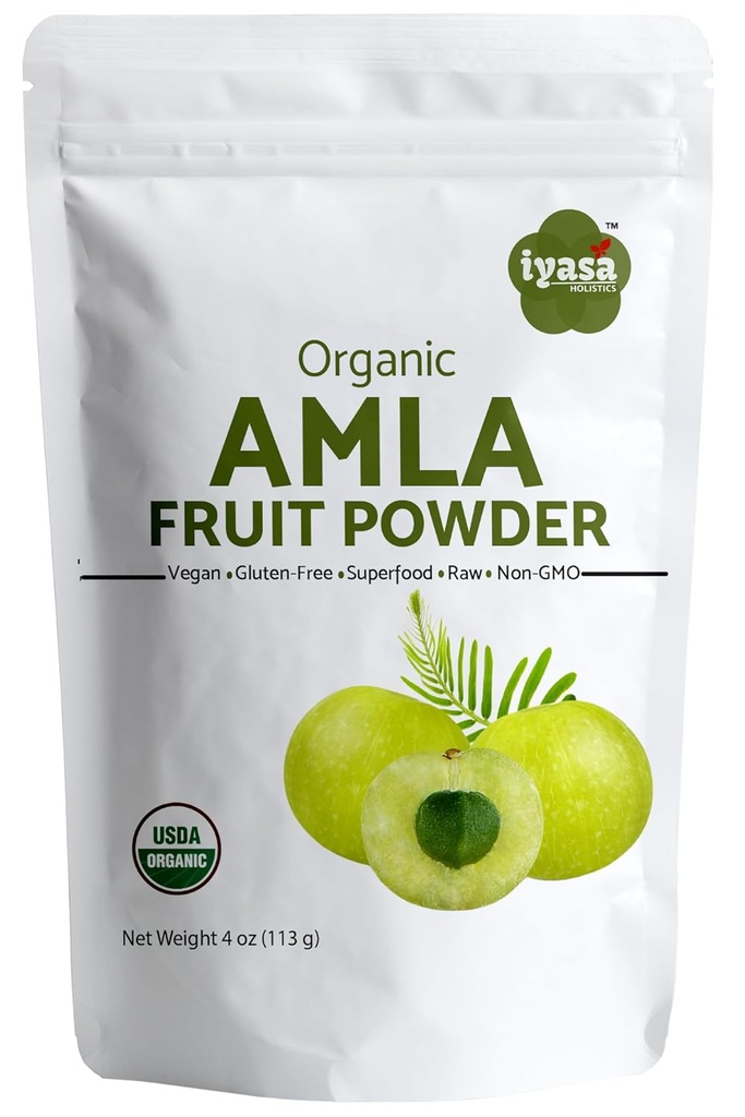 Polvo de frutas de Amla orgánica, Polvo de Berry Amalaki, paquete de prueba de 4 once/112 gm, USDA orgánico, Superalimento crudo para la piel y el cabello, bolsa sellable de 4 oz