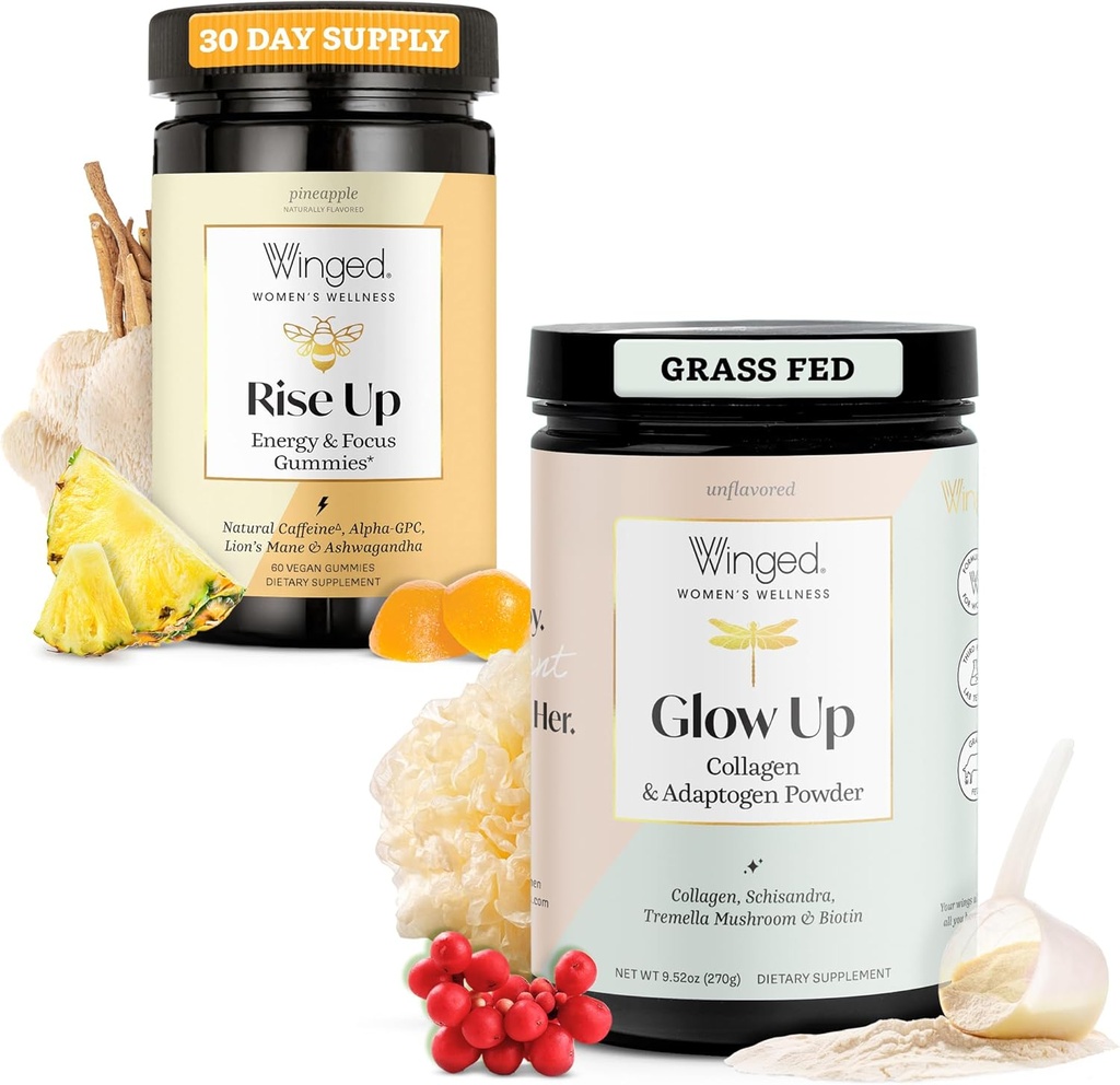 Winged Rise Up Gummies ¦ Energy &amp; Brain Boost Suplemento &amp; Glow Up Collagen Powder TEN Better Hair, Skin, Nails for Women Bundle