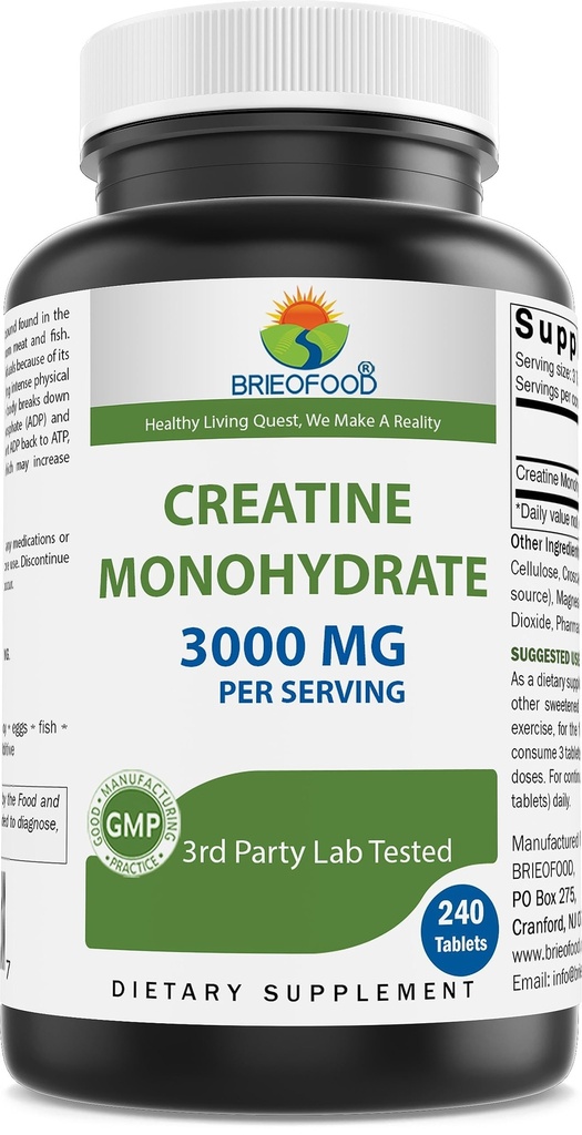 Brieofood Creatine Pills 3000 mg por Serving - 240 Tablets - laboratorio de 3er partido Tested for Purity & Quality - Ayuda a mejorar el rendimiento deportivo