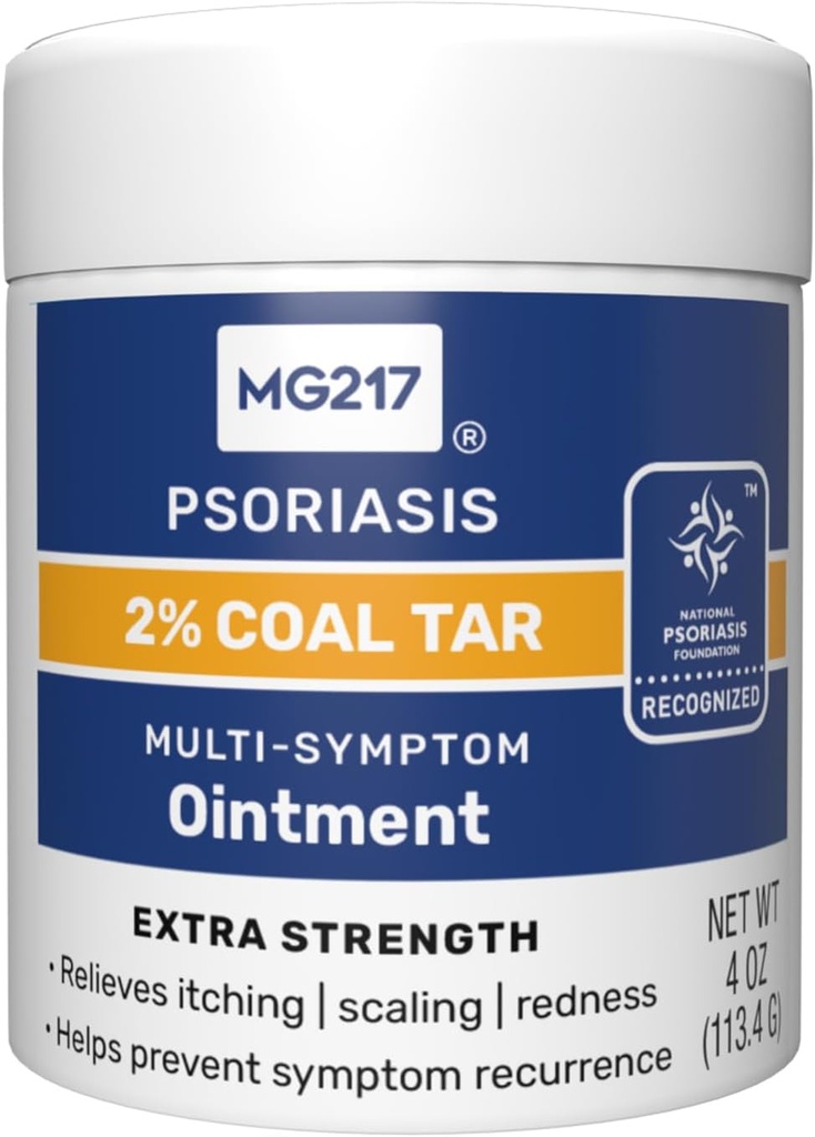 MG217 2% Ungüento de carbón para la psoriasis, Alivio de varios síntomas de fuerza extra, Alivio de varios niveles, Alimenta eficazmente la picazón, Escalada, Redness, Vitamina A, D y E, 4 oz Jar