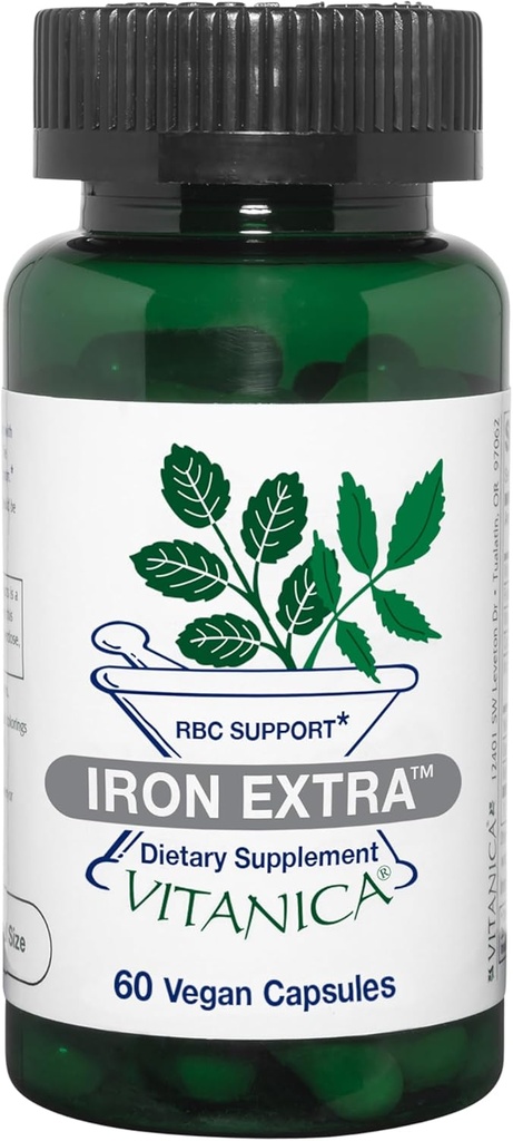 Vitanica Iron Extra, Suplemento Hierro Ausorción Mejorada con Vitamina C 500mg, Methylfolate 400mcg, B12 Vitamin 500mcg, Calcio, Dock Amarillo, Dandelion Root & Nettle Leaf Extract, Vegan, 60 cápsulas
