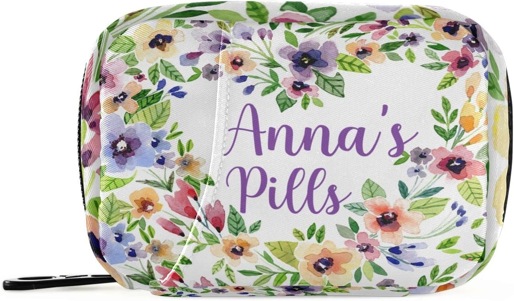 Caja de píldoras personalizada 7 días Pill bolsa de caja acuarela flores de primavera Nombre personalizado Travel Pill Organizer Bolsa con cremallera Portable Caja semanal Compacta Tamaño para el sujetador de suplemento de vitaminas