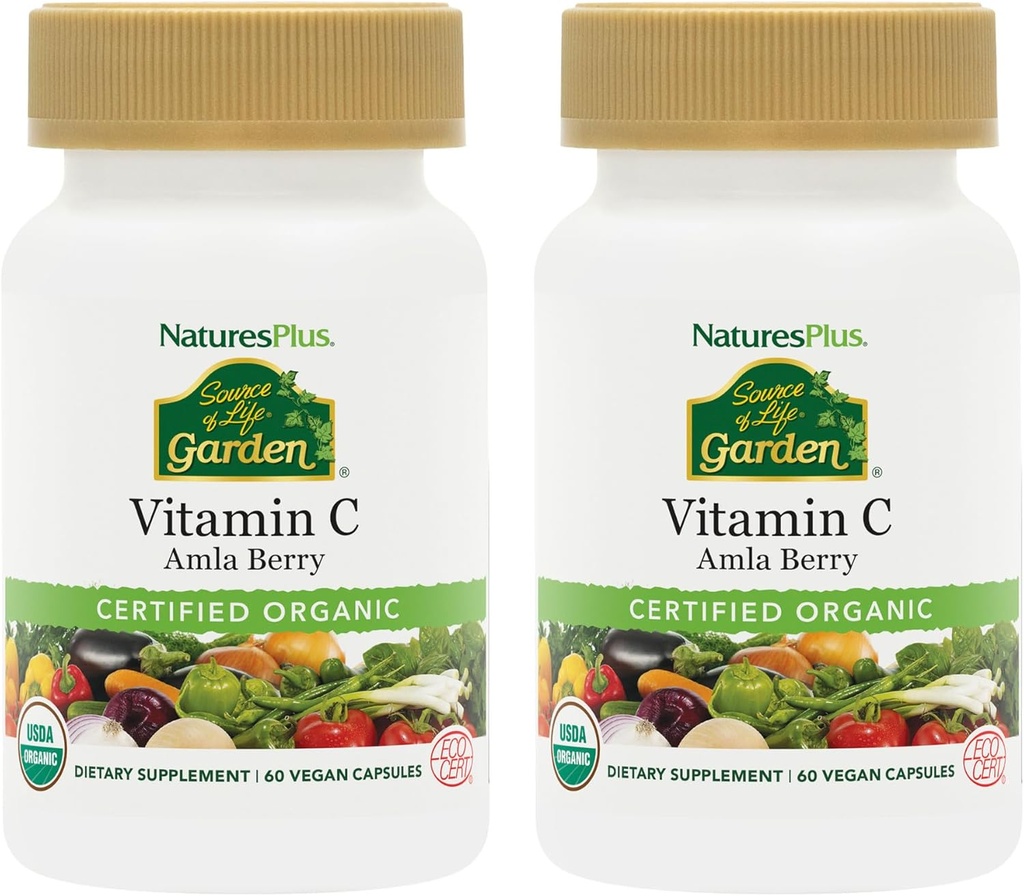 NaturesPlus Fuente de Life Garden Vitamina C - 60 cápsulas Vegan, Pack de 2 - Soporte de sistema inmunitario - Certified Organic, Non-GMO, Gluten Gratis - 60 Total Servings