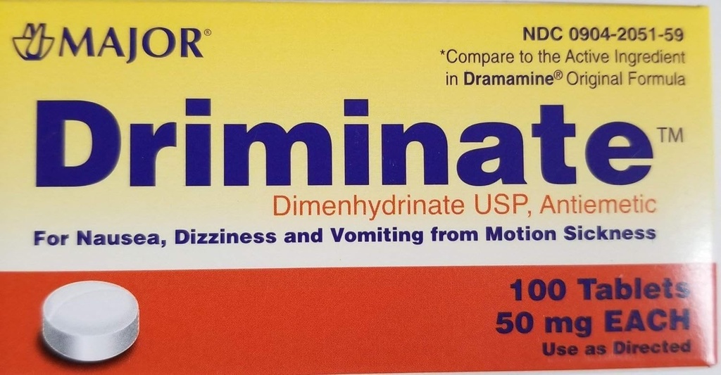 Major Driminate® Dimenhydrinate 50mg 100 Ct for Nausea, Dizziness and Vomiting From Motion Sickness