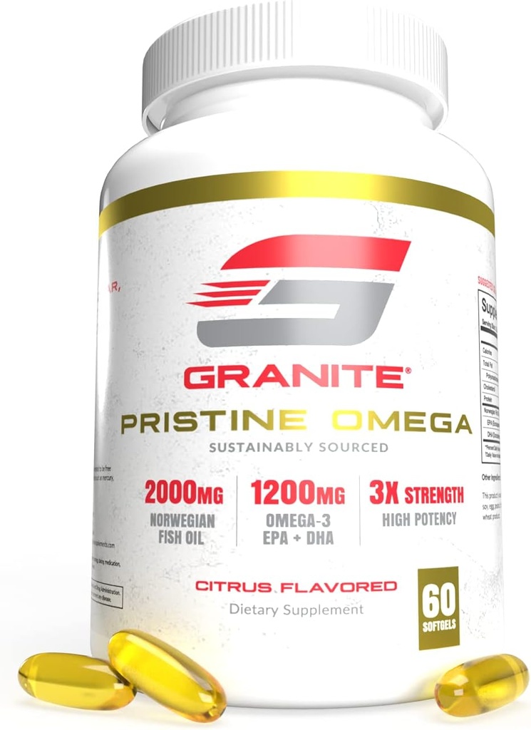 Granite Pristine Omega-3 Suplemento, 2000mg Norwegian Fish Oil Suplementos con EPA & DHA, Supports Joint, Heart, Brain, " Mood, Sosteniblemente Sourced, Purity Tested (60 Softgels)