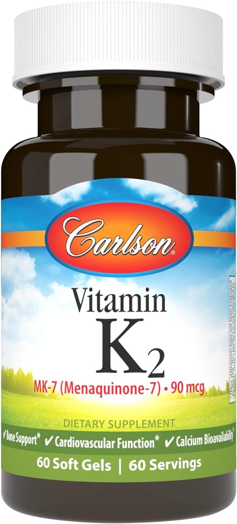 Carlson - Vitamina K2 MK-7 (Menaquinone), 90 mcg, soporte de bonificación, biodisponibilidad de calcio, vitamina K2, vitamina K-2, 60 Softgels