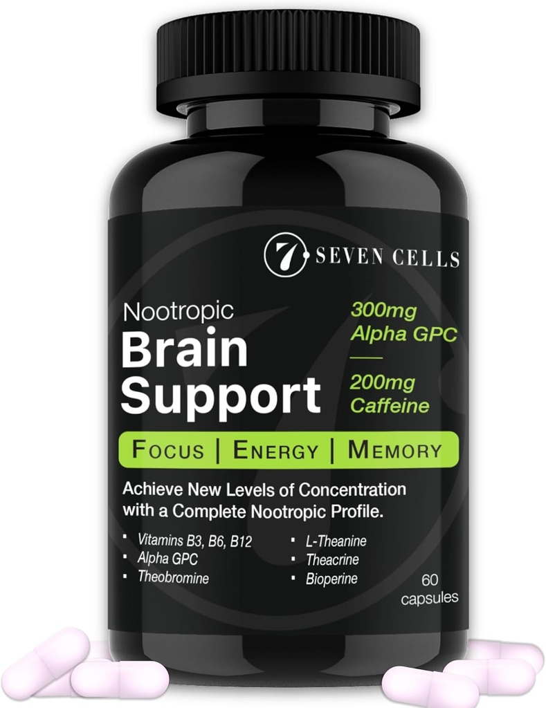 Suplemento de apoyo cerebral con 300 mg de alfa GPC & 200 mg de vitaminas de la cafeína natural para la salud cognitiva, la energía, la memoria y el foco - Booster cerebral (60 cápsulas, 1 mes de suministro)
