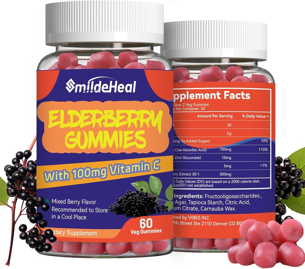 Gummies de Elderberry, Extracto de Elderberry 300mg, con Vitamina C y Zinc, Strawberry Flavor Gummies, Non-GMOs, Gluten Free, Vegan-Friendly, Immune Support, 60 Conde (Pack of 2)