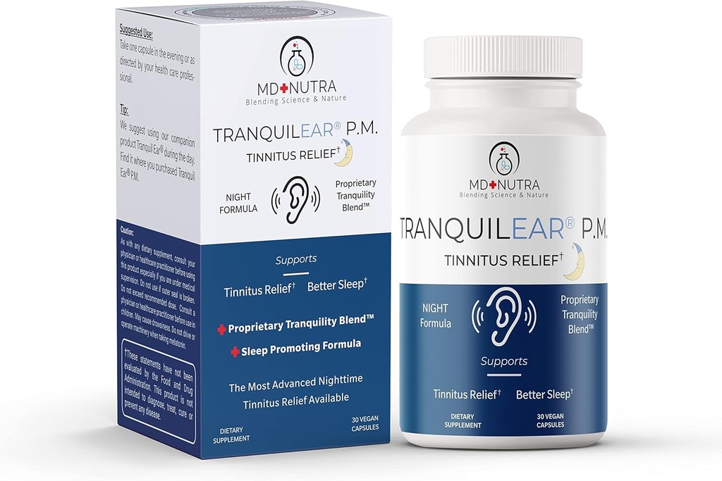 Tranquil Ear PM Ear Health &amp; Tinnitus Relief Supplement ◾ Ear Surgeons for Ear Nutrition, Ringinging Ear Relief, " Tinnitus Symptoms - Nighttime Formula - All-Natural 30 Vegan Capsules