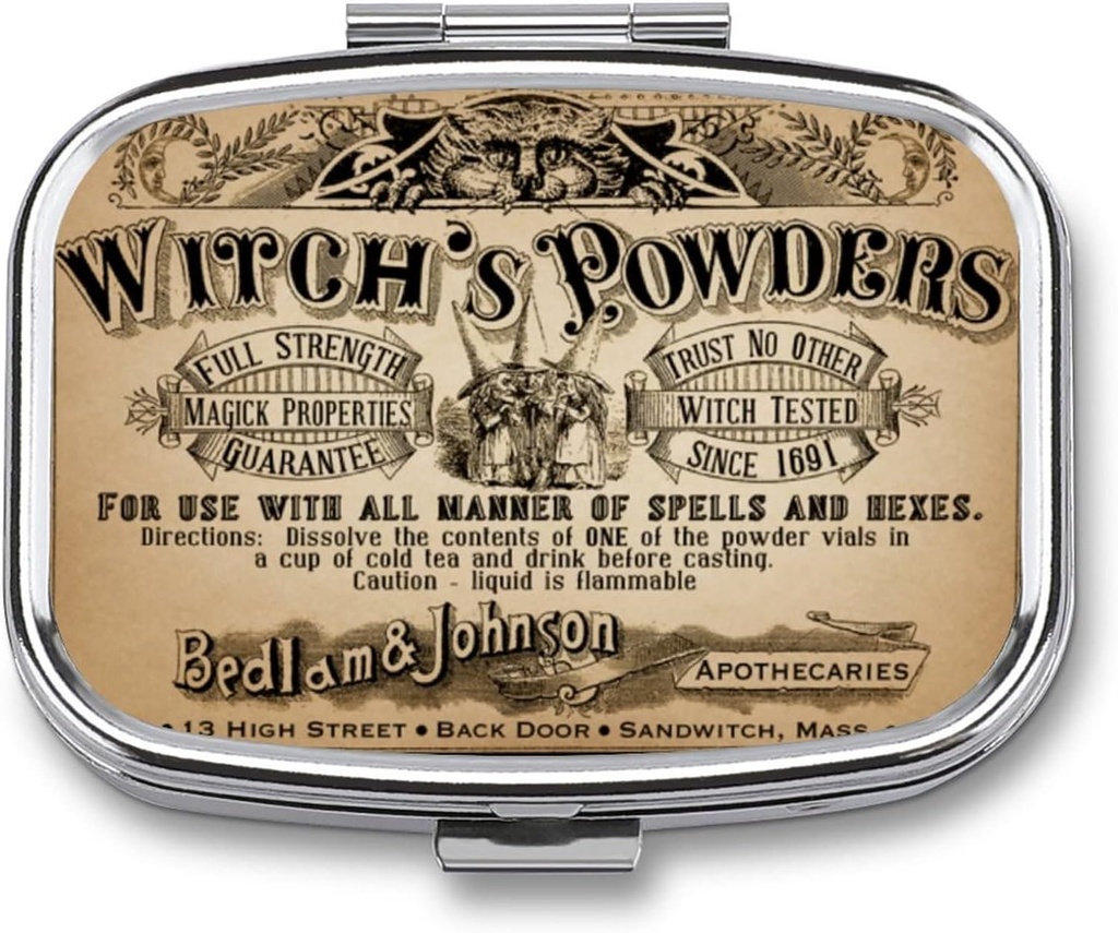 Metal 2 Organizador de píldoras Viajes Caja compacta portátil amigable para mantener vitaminas/Tylenol/Fish Oil/Supplements/Tablet (Vintage Witch's Powders), 1,97 x 0,79 x 0,39 pulgadas, 1.0 conde