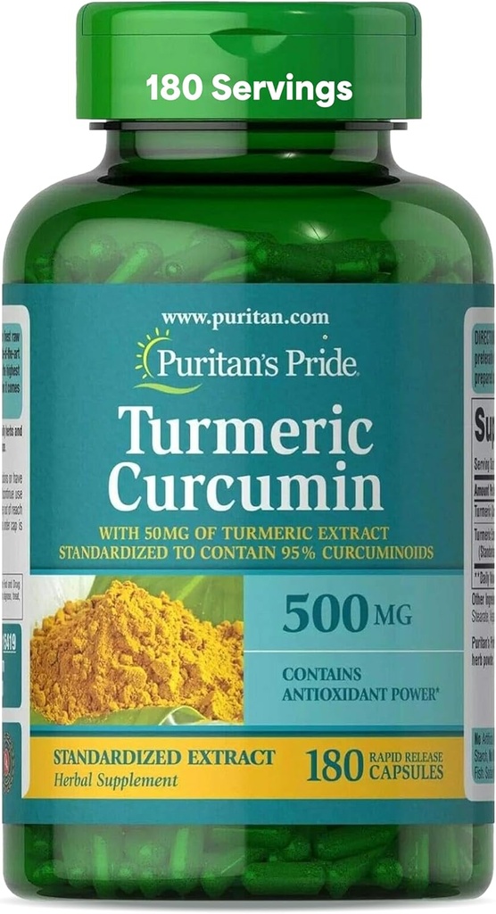 Curcumina de Turmeric Pride de Puritan 500mg, Standarized a 95% Cucuminoides, Suplemento dietético herbal para la salud antioxidante, 180 cápsulas de liberación de Radpid