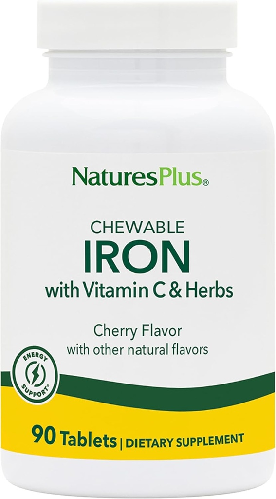 NaturalezasPlus Hierro Chewable, Cereza - 90 Tabletas, Pack de 2 - Soportes Sangre Saludable &amp; Producción de Energía Natural - Suplemento de Alta Potencia con Vitamina C &amp; Herbs - 180 Servimientos Totales