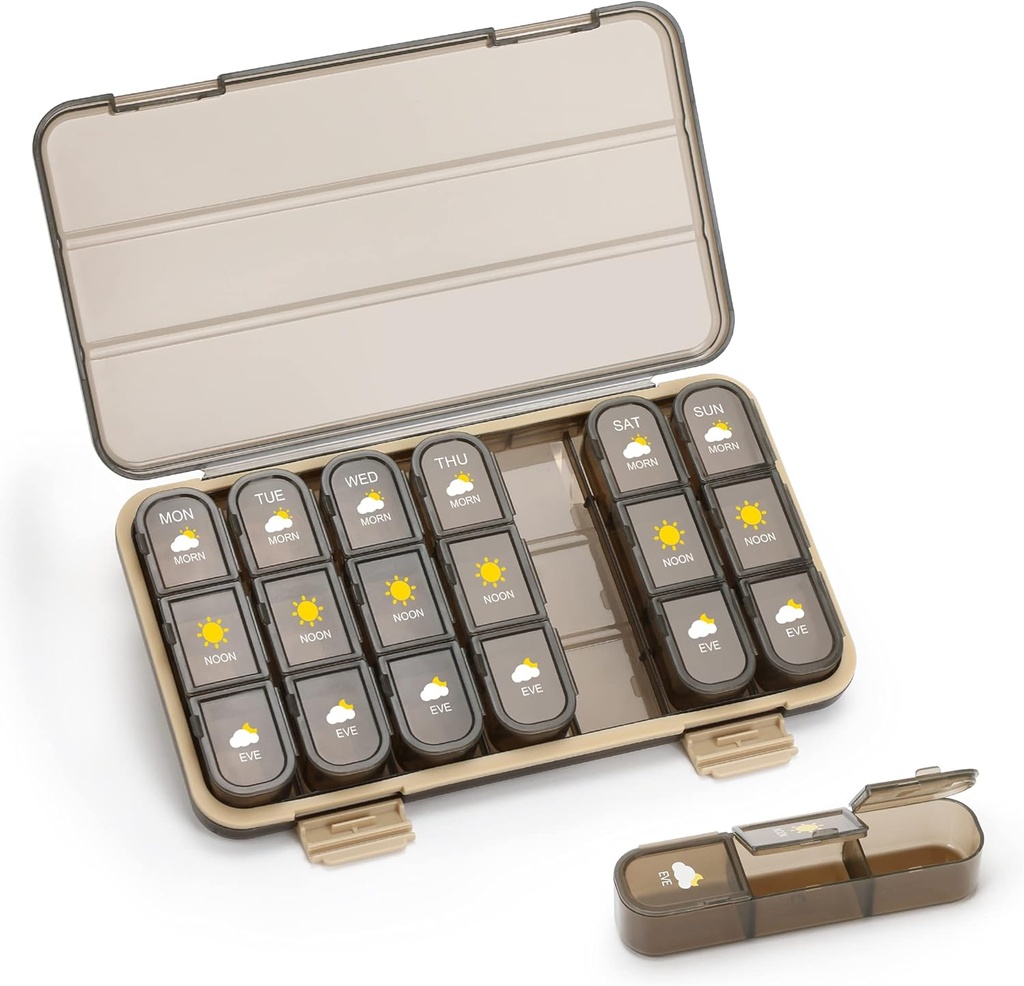 Pill Organizer 3 Times A Day, Pill Box 7 Day - Acedada Weekly Travel Medicine Organizer Box, Large Pill Container Holder Vitamins Case Pill Dispenser, Brown