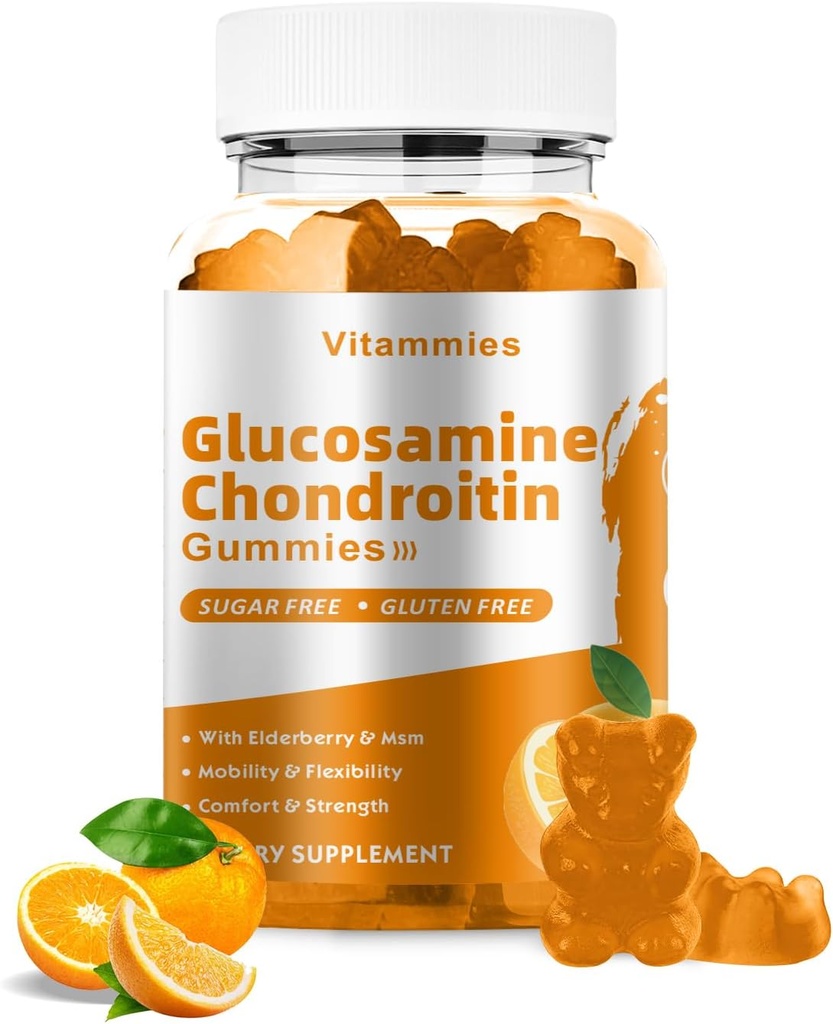 Glucosamine Chondroitin Gummies with MSM & Elderberry Extra Strength - Joint Support, Antioxidant Immune Support Supplement for Adults, Men &amp; Women Minerals, coenzyme Q10, DHA - 60 Orange Gummies